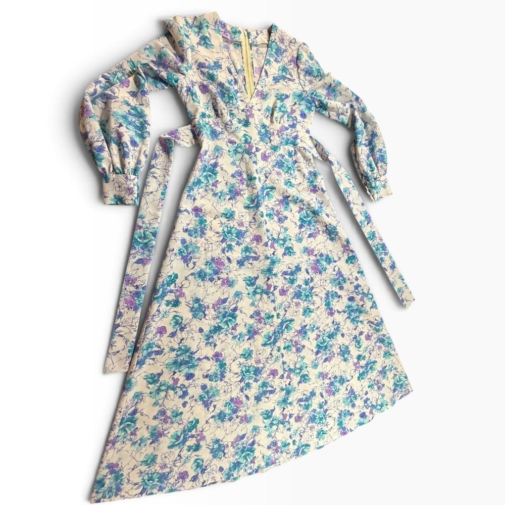 RARE VTG Floral Maxi Dress Blue Purple V-Neck Bishop Sleeve Tie Waist Long Dress
